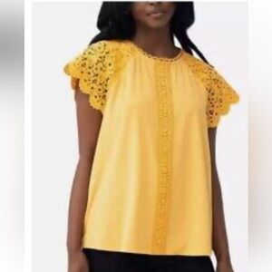 CABLE & GAUGE  Yellow Embroidered Lace Short Sleeve Blouse L NWOT